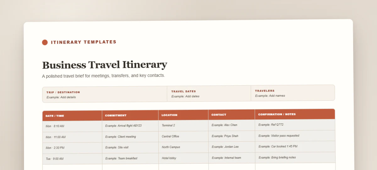 Business Travel Itinerary travel itinerary template preview