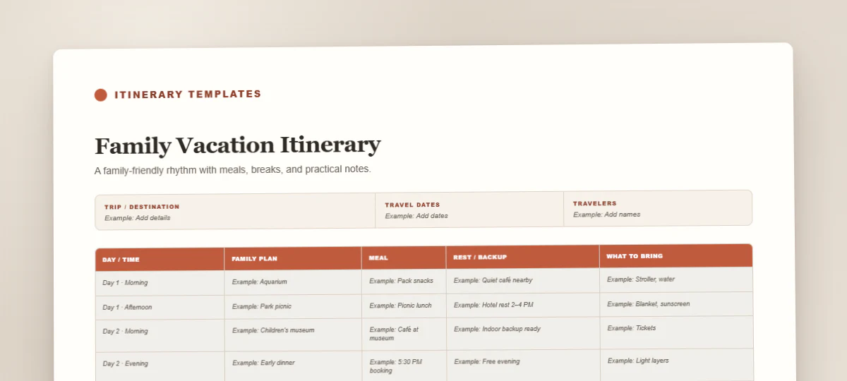 Family Vacation Itinerary travel itinerary template preview