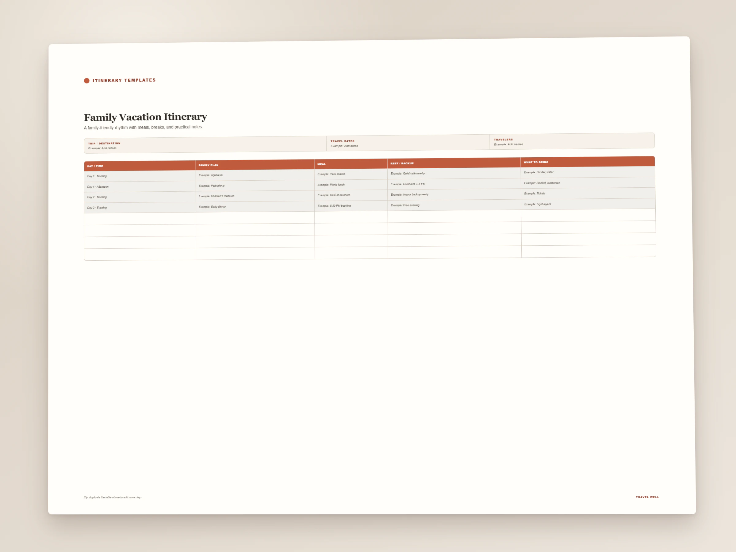 Family Vacation Itinerary full-page preview