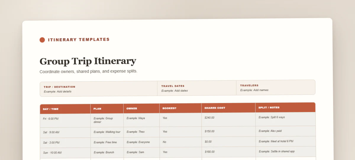 Group Trip Itinerary travel itinerary template preview