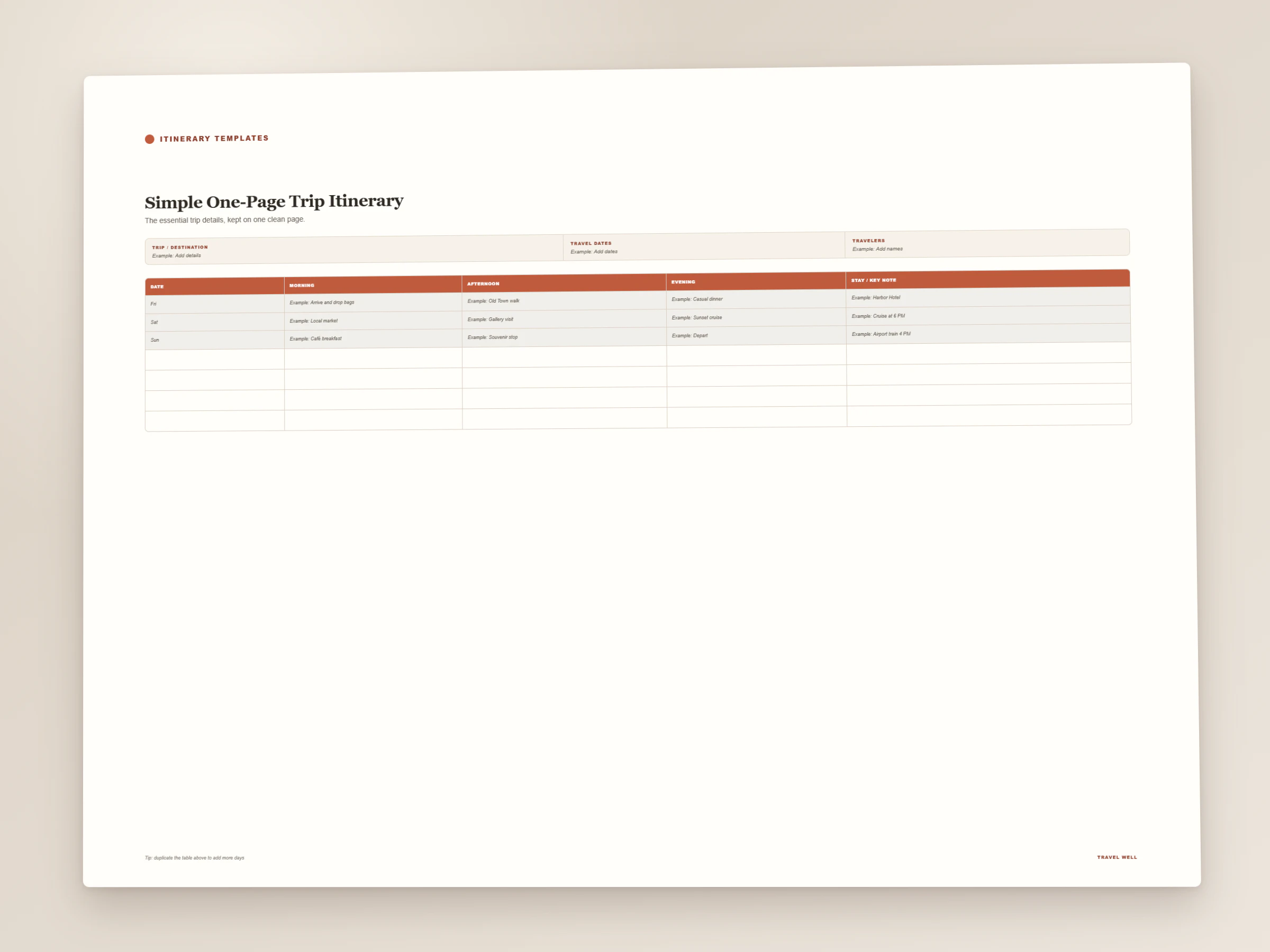 Simple One-Page Trip Itinerary full-page preview