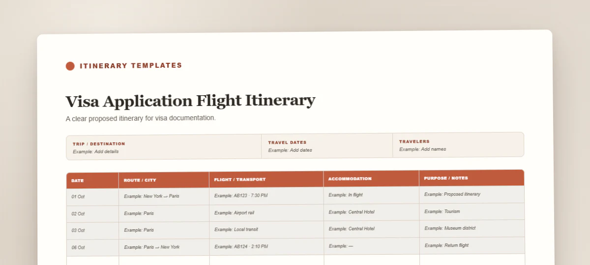 Visa Application Flight Itinerary travel itinerary template preview